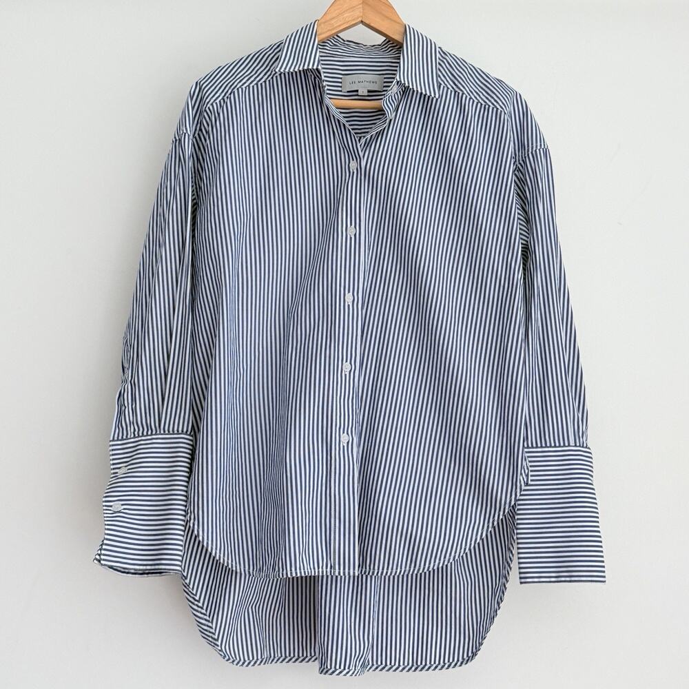 Lee Mathews Shirt Small 1 Blue White Striped Button Up Oversized Minimalist
